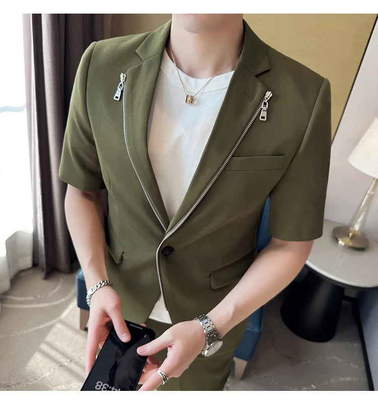2023 Summer Zipper Decoration Blazers Men Casual Business Suit Jacket Slim Fit 3/4 Sleeve Streetwear Social Jacket Men Clothing