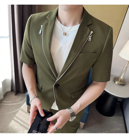2023 Summer Zipper Decoration Blazers Men Casual Business Suit Jacket Slim Fit 3/4 Sleeve Streetwear Social Jacket Men Clothing
