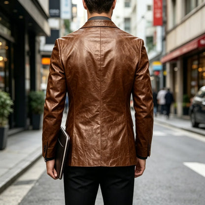 Vintage Wrinkled Men's PU Leather Blazer Slim Fit Notched Lapel Business Suit Jacket Two Button Casual Sport Coats for Office