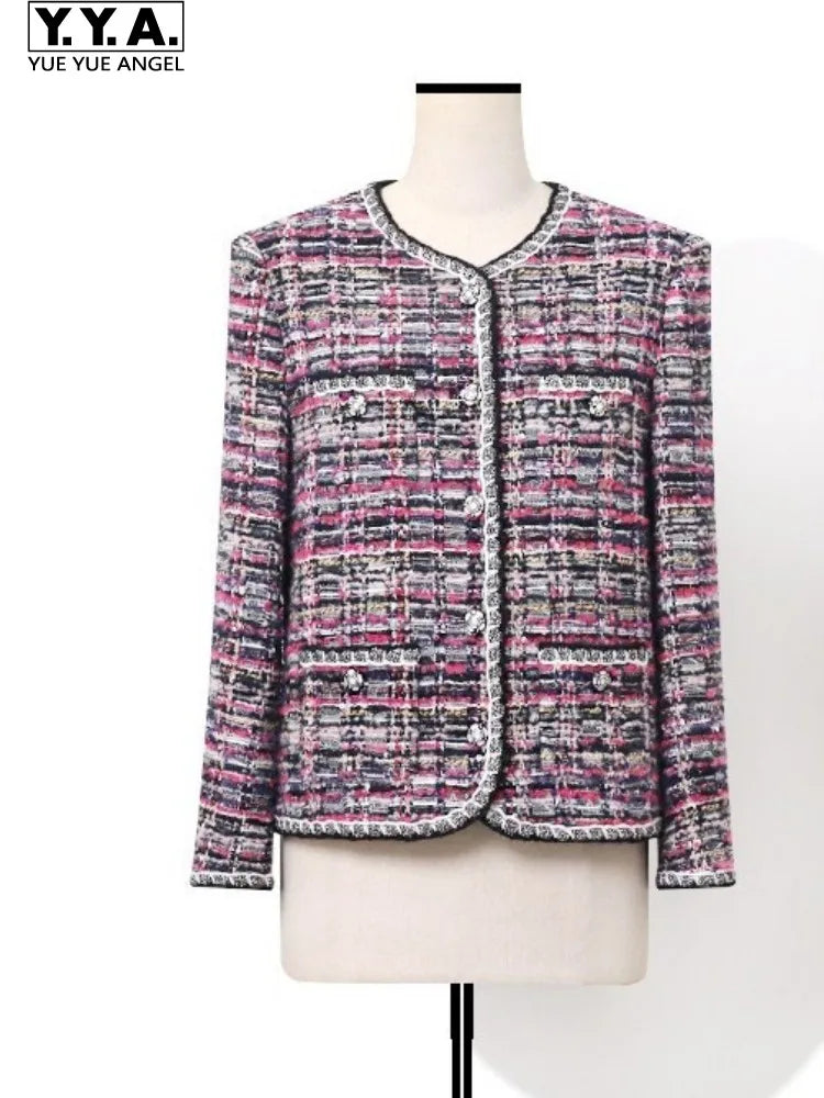 Retro Single Breasted Mixed Color Jacket Office Ladies Comfortable Pockets Coat Fashion Round Neck Long Sleeves Straight Outwear