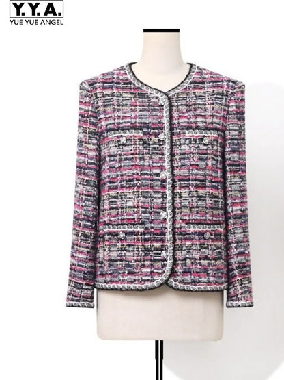 Retro Single Breasted Mixed Color Jacket Office Ladies Comfortable Pockets Coat Fashion Round Neck Long Sleeves Straight Outwear