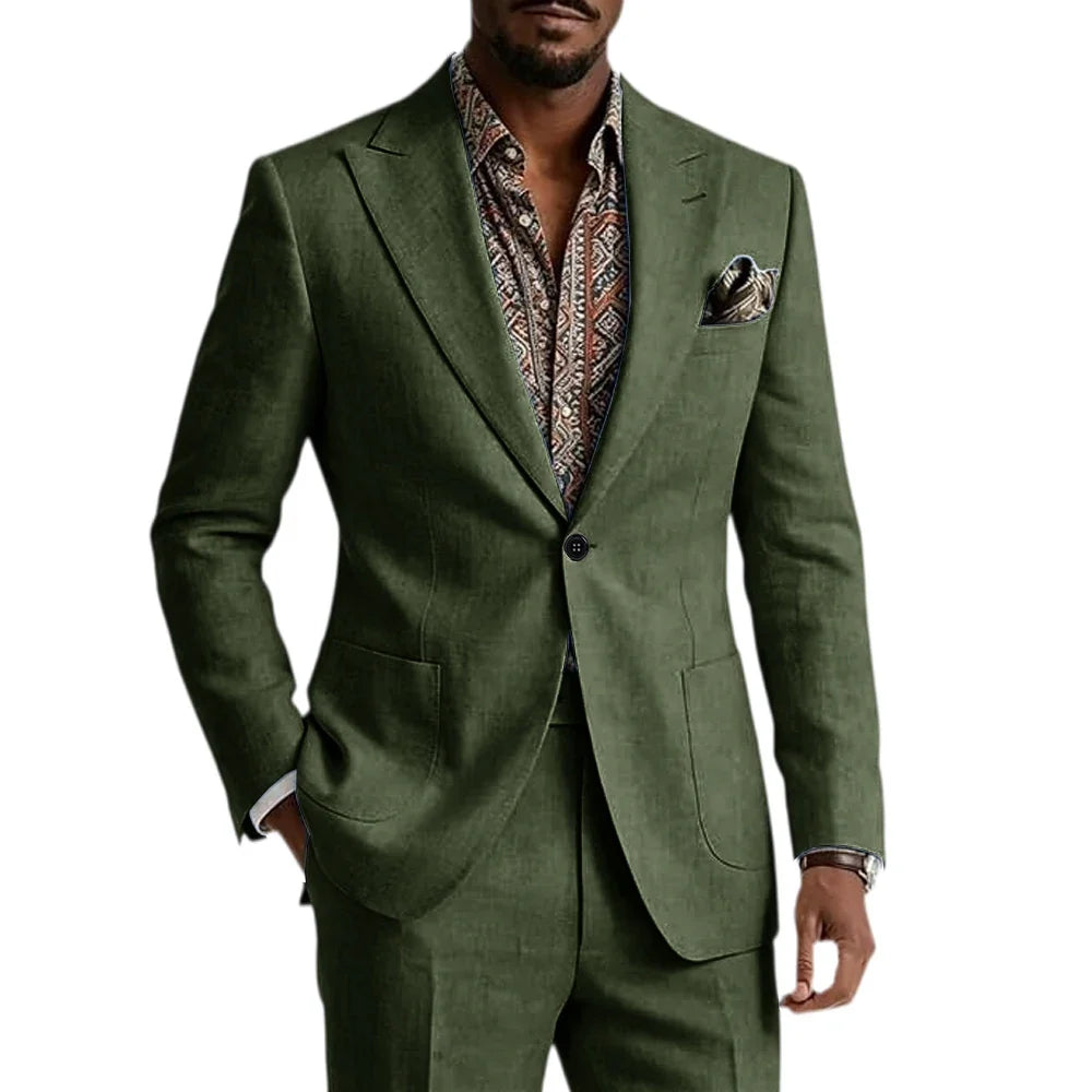 Men's Linen Blend Suit 2 Pieces Set Solid Color Peak Lapel Slim Fit One Button Jacket Pants Formal Outfit Wedding Business Casua