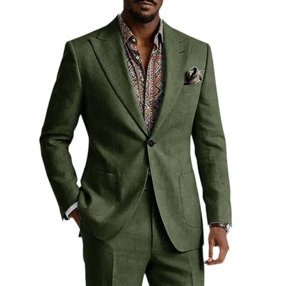 Men's Linen Blend Suit 2 Pieces Set Solid Color Peak Lapel Slim Fit One Button Jacket Pants Formal Outfit Wedding Business Casua
