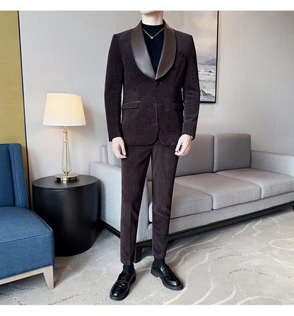 British Style PU Patchwork Suit for Men Casual Business Wedding Suits 2 Pieces Set (jacket+pant) Office Work Party Prom Suit