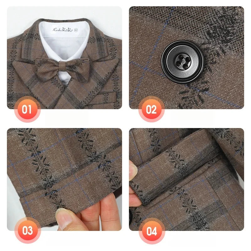 Boys 4Pieces Brown Plaid Wedding Outfit With Jacket Vest Pants Bowtie Kids Formal Wear for Piano Host Speech Performance