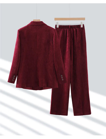 Pleuche Women Suits Office Sets 2024 Autumn New Fashion Notched Double Breasted Blazers Vintage Casual Wide Leg Pants Suits