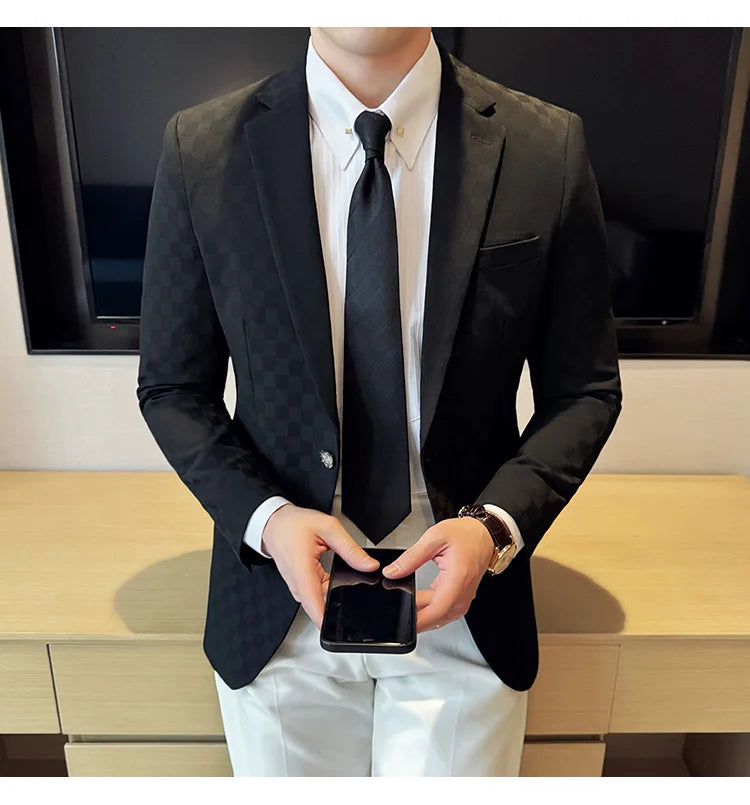 2024 Spring Plaid Blazers Men Single Breasted Casual Business Suit Jacket Fashion Slim Social Banquet Wedding Groom Dress Coats