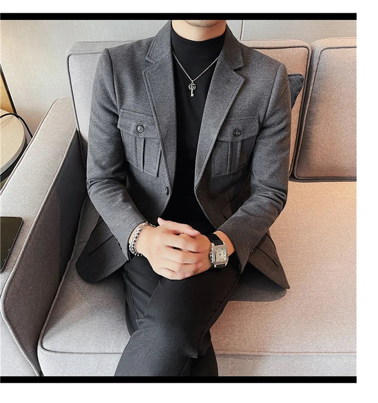 Winter Woolen Suit Jacket for Men Multiple Pockets Slim Fit Casual Business Blazers Masculino Wedding Streetwear Social Coats