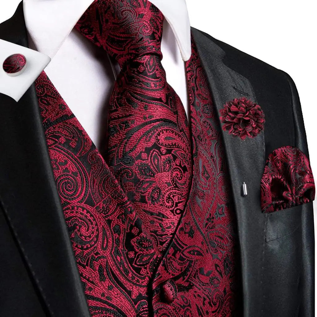 Men's Jacquard Waistcoat Suit Vest with Tie Hanky Cufflinks Brooch Set for Weddings and Business Events