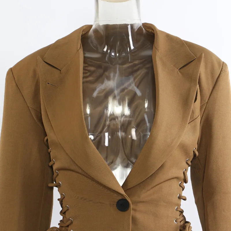 Spring Autumn New Women Blazer Notched Collar Single Button Lace-Up Waist Cinching Slim Fit Elegant Fashion Jackets HK13264