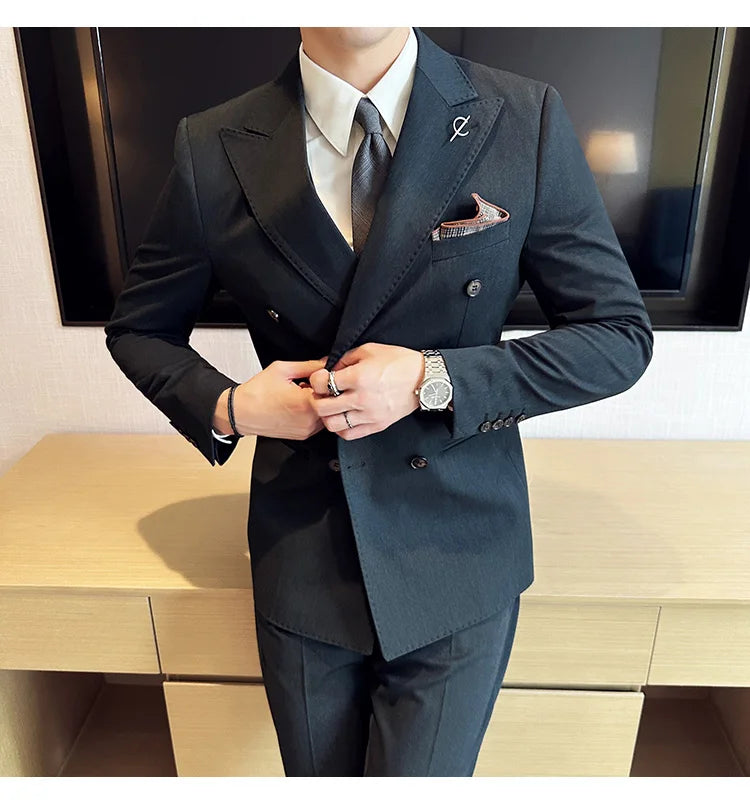 (Jackets +Pants ) Men's Suits 2 Piece High-Quality Double Breasted Lapel Solid Business Groom Wedding Tuxedo Banquet Clothing