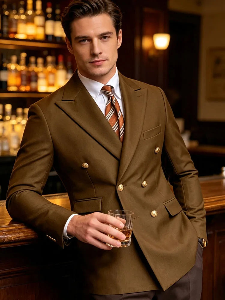 Men's Brown Serge Blazer Double Breasted Peak Lapel Gold Button Slim Fit British Style Fashion Suit Jacket Formal Business Casua