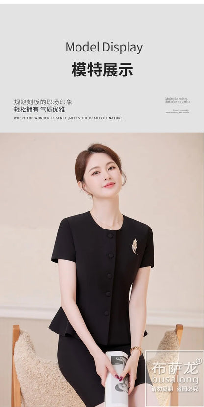 2025Summer Blue Short Sleeve Blazer Suit Professional Women's Skirt Set Short Skirt Elegant Fashion Formal Workwear