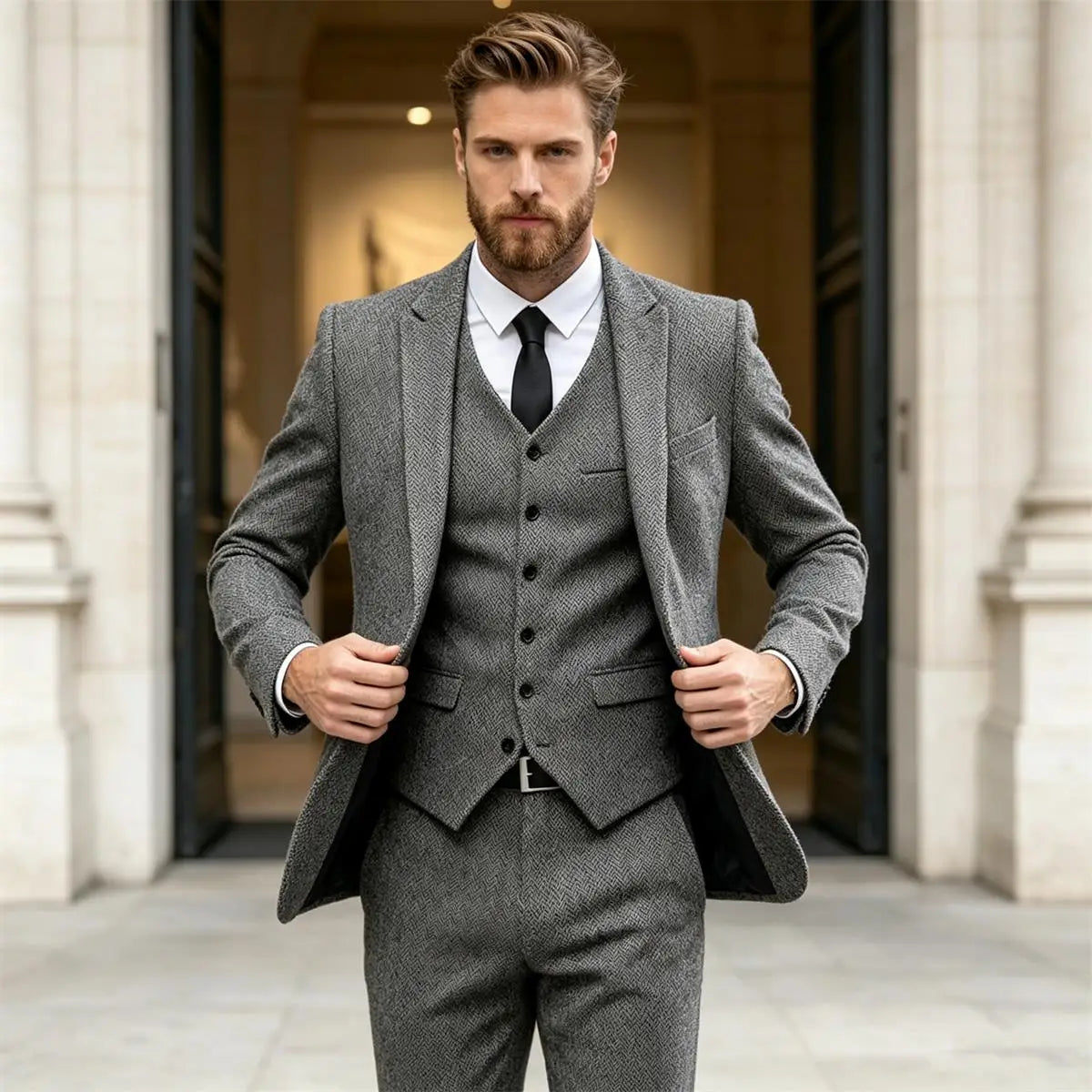 Classic Herringbone Tweed Mens Suits Stylish Vintage Tuxedo Set 3 Pieces Blazer Vest and Pant For Wedding Business Evening Party
