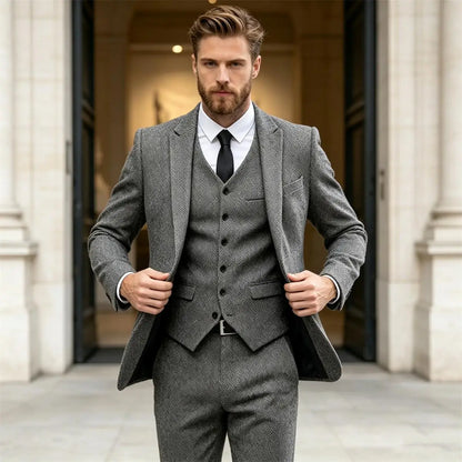 Classic Herringbone Tweed Mens Suits Stylish Vintage Tuxedo Set 3 Pieces Blazer Vest and Pant For Wedding Business Evening Party