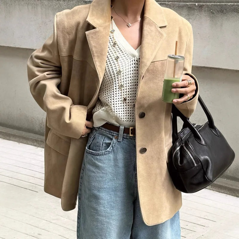 Spring Autumn New Women's Blazer Notched Collar Single Breasted Faux Suede American Retro Office Lady Elegant Coats HK15865
