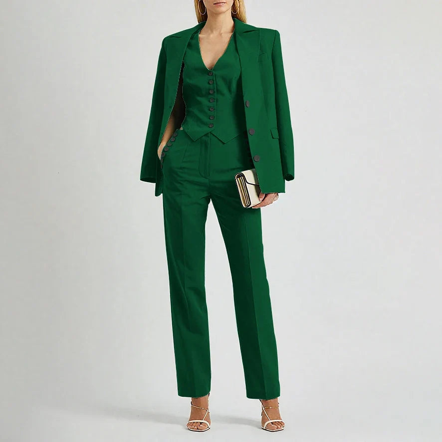 Slate Green Women's Suit Customized Elegant Single-breasted Peaked Lapel Three Pieces (Jacket+Pants+Vest) Office Lady Set