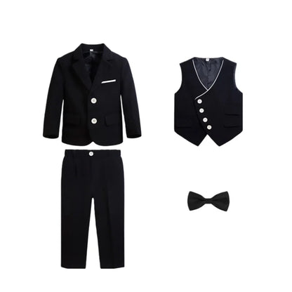 Kids 4Pieces Cerenmony Suit Set With Jacket Vest Pants Bowite Flower Boys Wedding Dress Children Birthday Photography Outfit