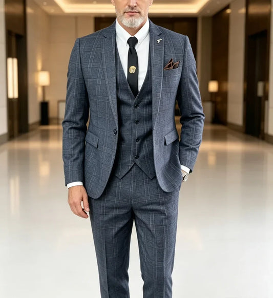 Men's Slim Fit Plaid Three-Piece Suit – British Style Wedding & Business Formal Set