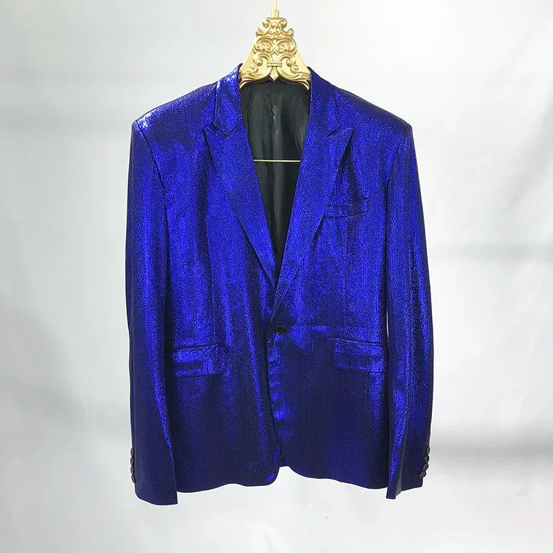 Bar Nightclub Shinny Silver Blue Green Blazer For Male Singer Host Stage Performance Costume Thin Style Slim One Button Coat