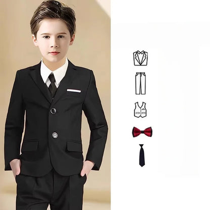 Boys Jacket Vest Pants Bowtie Tie 5Piece Wedding Birthday Party Photography Suit Set Kids Piano Ceremony Performance Costume