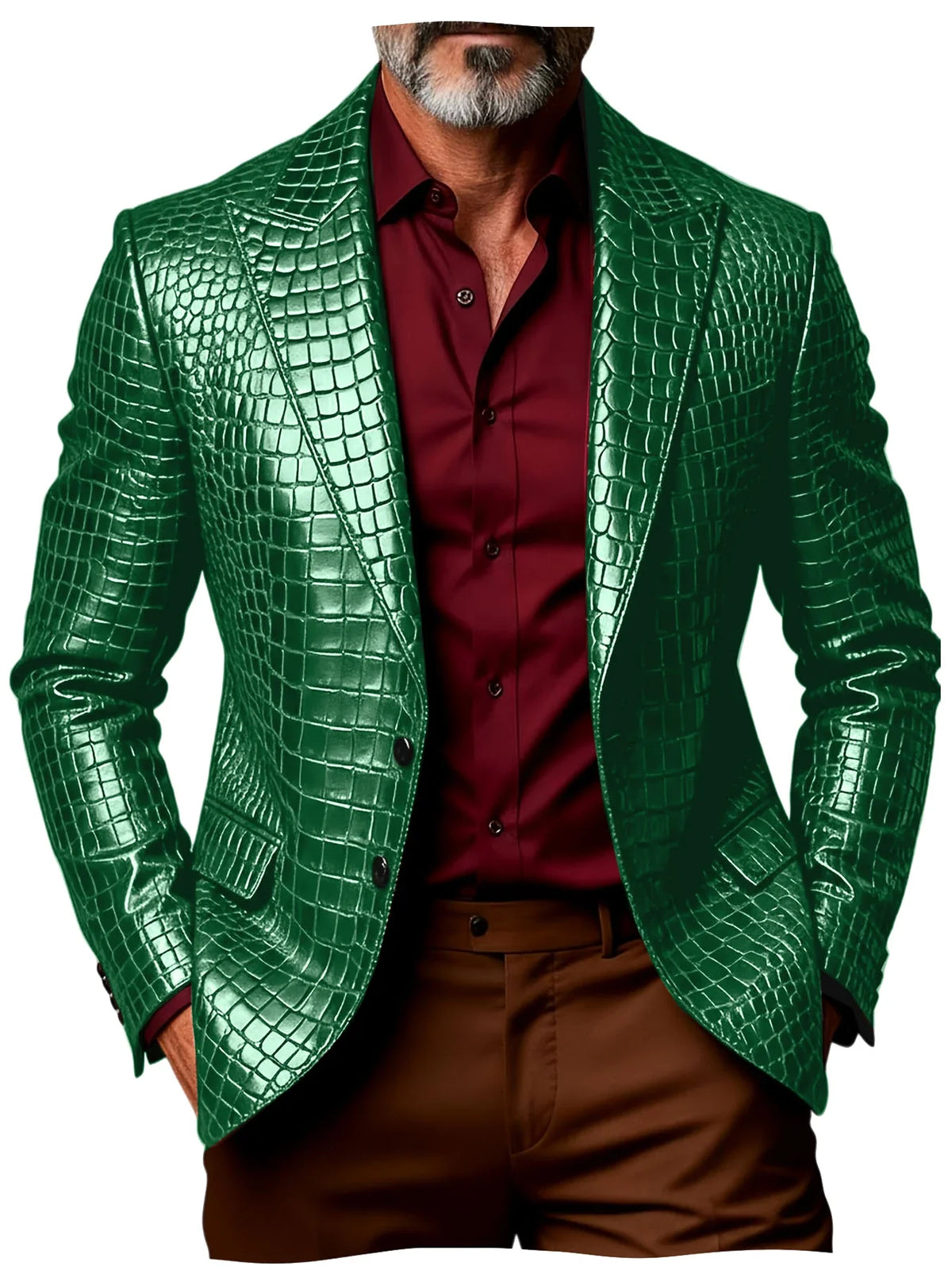 Luxury Men's Crocodile Pattern PU Leather Blazer Notch Lapel Single-Breasted 2 Button Slim Fit Jacket Business Casual for Man