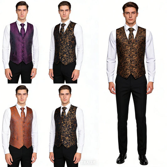 Men's Vest Set with Paisley Floral Pattern – Matching Tie & Cufflinks for Weddings and Formal Events