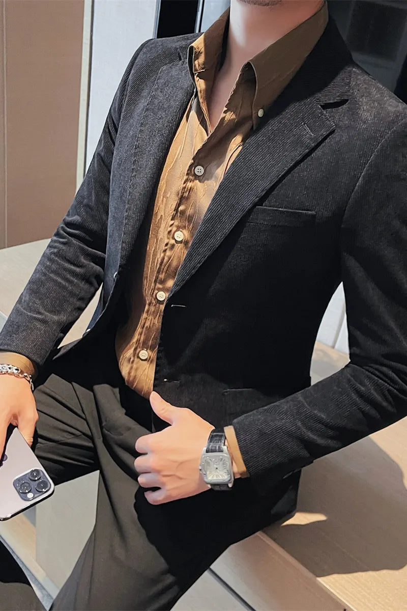 2023 Fashion Men's Corduroy Blazers Top Quality Business Casual Suit Jackets Slim Fit Wedding Groom Streetwear Social Dress Coat