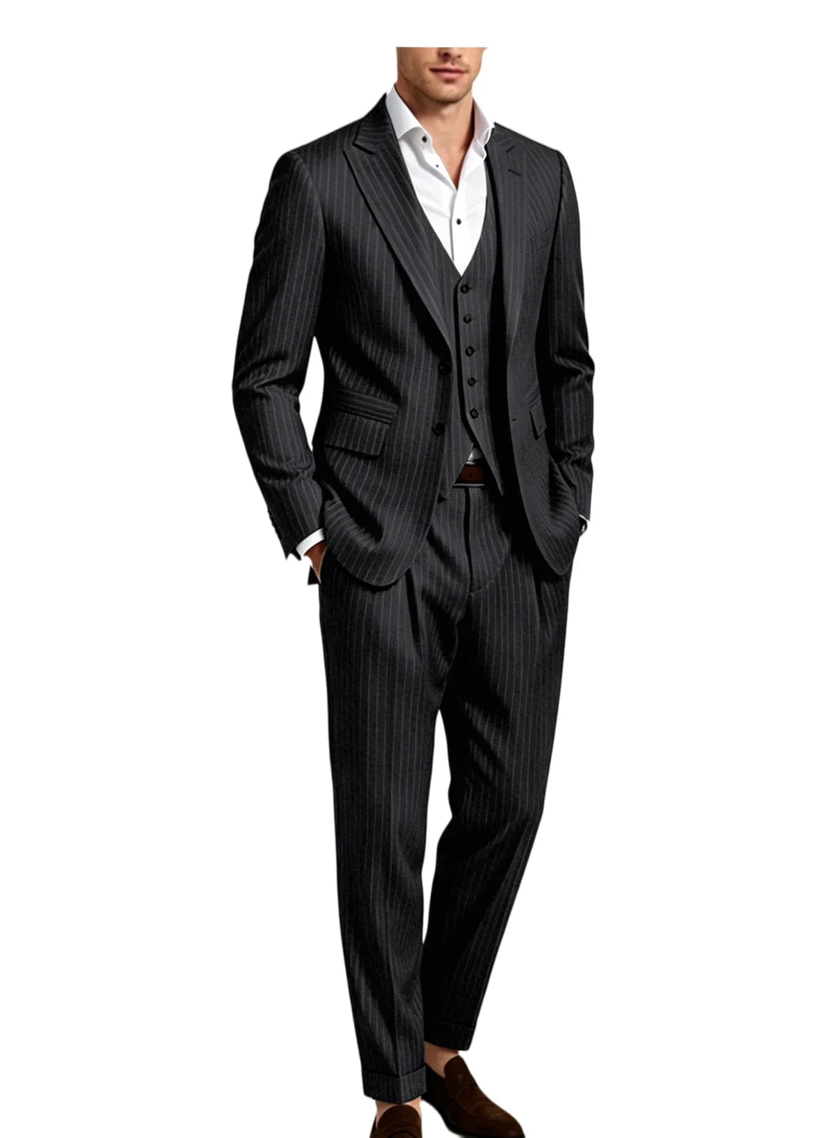 Men's 3-Piece Pinstripe Suit – Slim Fit Notched Lapel Blazer, Vest & Trousers for Wedding & Business