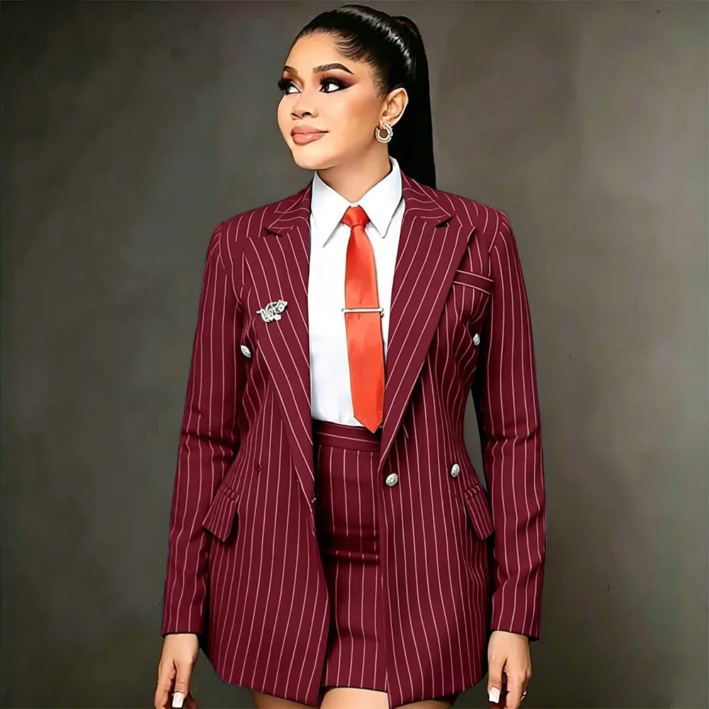 Vintage Peaked Lapel Stripe Women Suits Elegant Blazer+Mini Skirt 2 Pieces Slim Fit Office Lady Wear Customized Set
