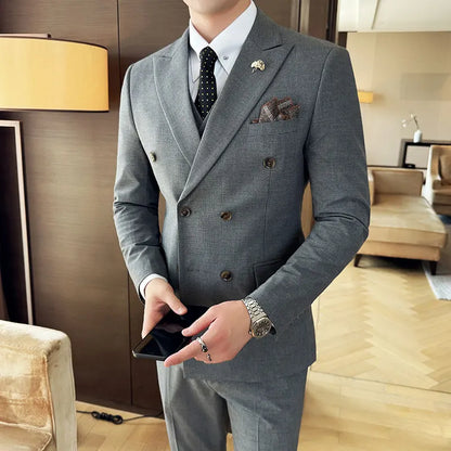 Autumn and winter high-end men's fashionable and stylish suit set, groom's wedding dress three-piece set, Korean-style slimming