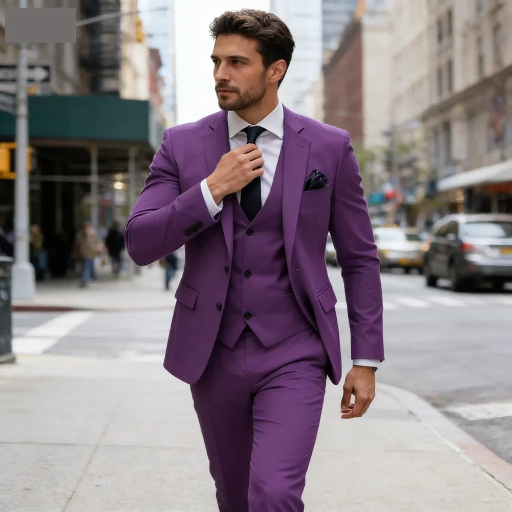 Costume de mariage formel trois pièces pour homme, avec revers crantés, veste unie, gilet et pantalon, pour soirée de bal, décontracté ou affaires