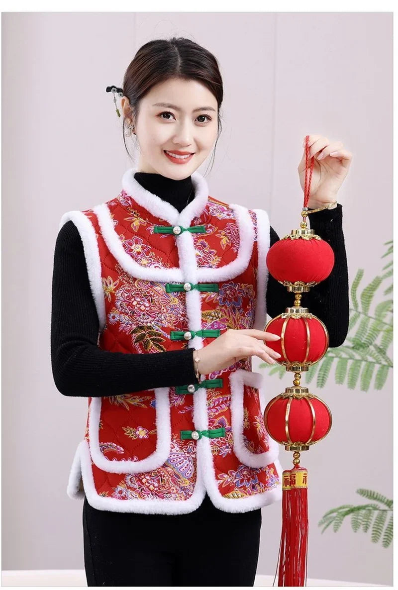 Middle-aged Mother Add Velvet Warm Vest Coat Autumn Winter New Printed Fleece Sleeveless Jacket Grandma Thicken Warm Waistcoat