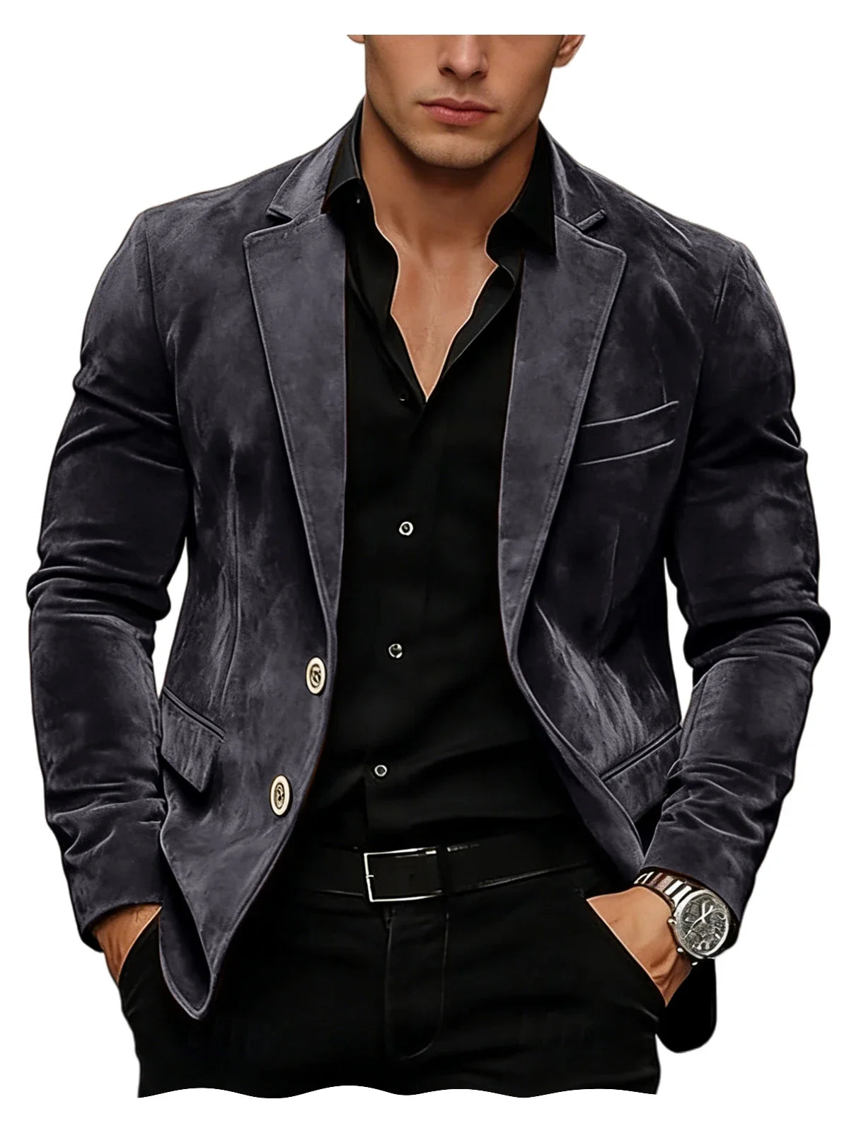 Men Suede Blazer Two Buttons Slim Fit Casual Formal Jacket Wedding Party Dinner Gentleman Sport Coat