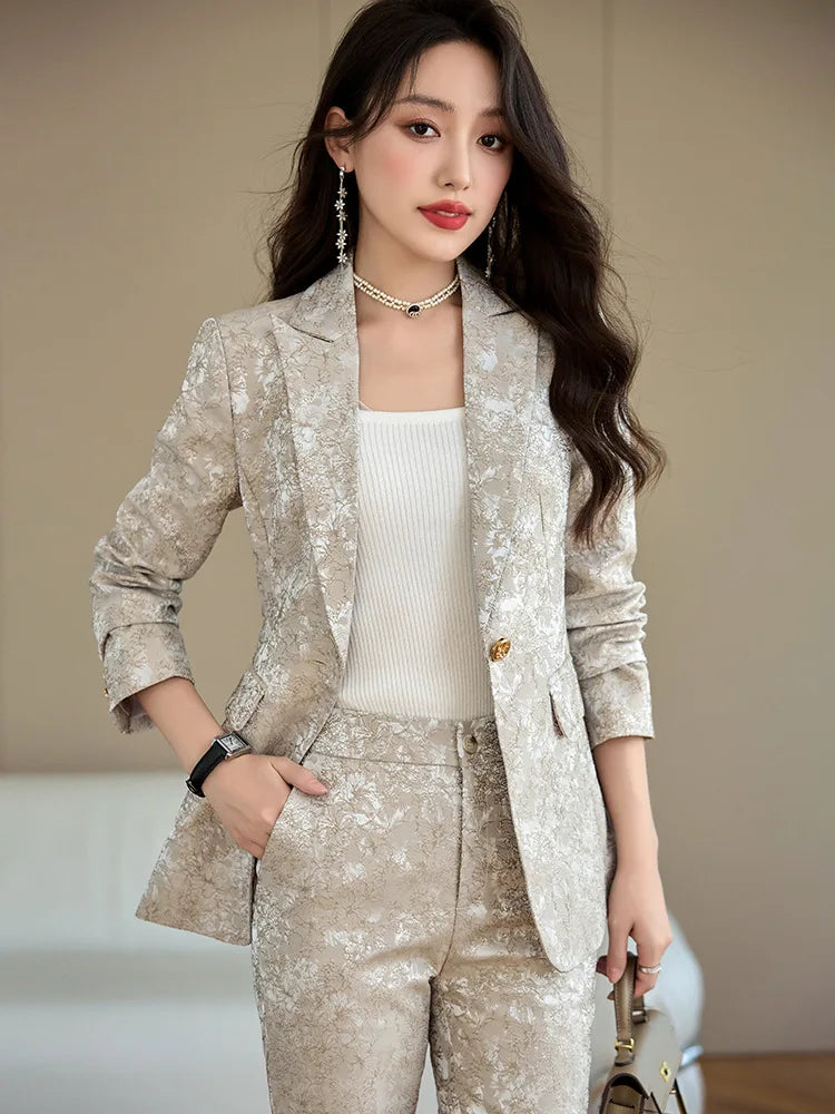 Fashion Apricot Printing Women Pant Suit Elegant Business Office Ladies 2 Piece Set Female Formal Blazer And Trouser