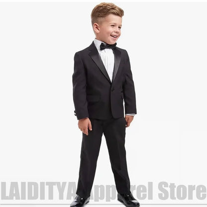 Black Boys Satin Notch Lapel Suit 2 Piece One Button Outfit Wedding Birthday Piano Show Tuxedo Photo Formal Kids Party Costume