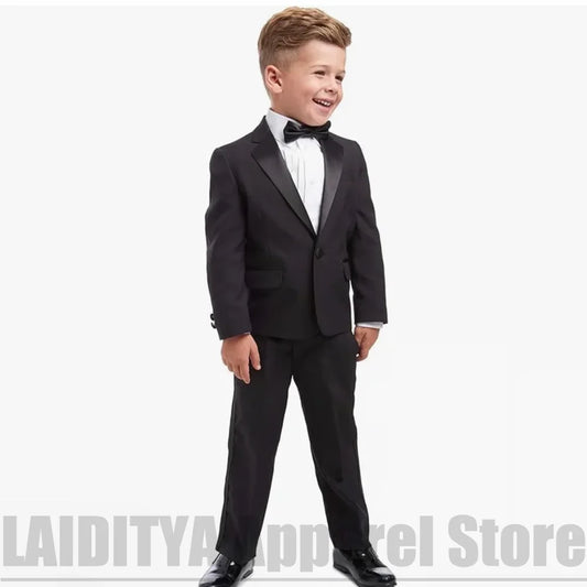 Black Boys Satin Notch Lapel Suit 2 Piece One Button Outfit Wedding Birthday Piano Show Tuxedo Photo Formal Kids Party Costume