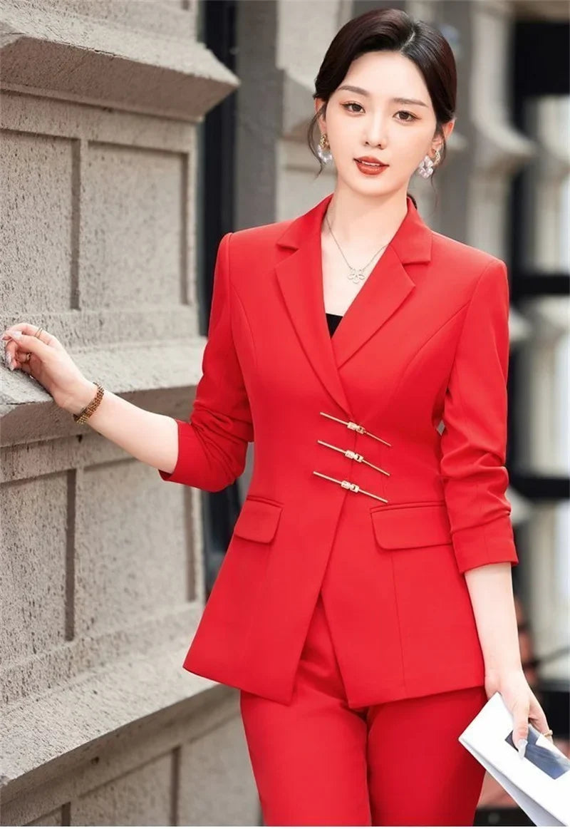2025 Fashion White Red Black Blazer Jacket And Pant Suit Trousers Women Female Office Ladies Work Wear Formal 2 Piece Set
