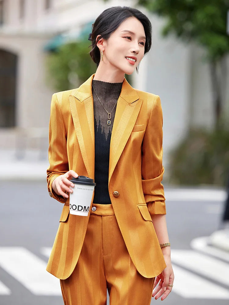 Women Blazer Pants Sets Yellow Two Pieces 2024 Autumn Workwear Trousers Formal Striped Navy Blue Long Sleeve Tops Pantsuit