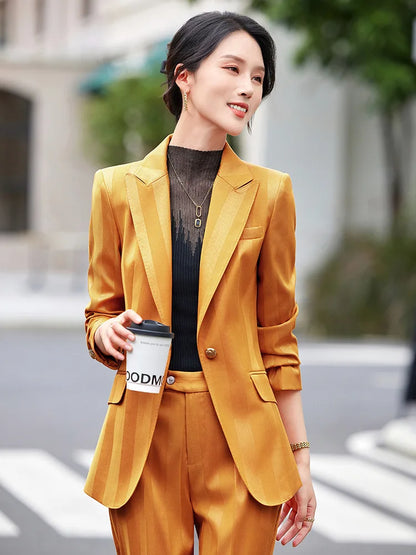 Women Blazer Pants Sets Yellow Two Pieces 2024 Autumn Workwear Trousers Formal Striped Navy Blue Long Sleeve Tops Pantsuit