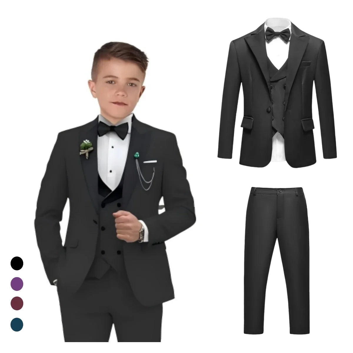 Boys 4-Piece Formal Suit Set for Kids Ages 3–14 | Solid Color Tuxedo with Blazer, Vest, Pants & Bow-Tie for Weddings & Special Occasions
