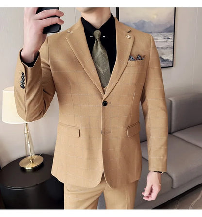 Men's 3-Piece Slim Fit Plaid Suit – Jacket, Vest & Pants for Weddings, Office & Formal Occasions