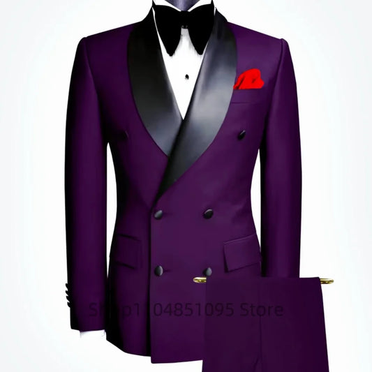 2 pièces Costume de marié Homme Tuxedo Slim Fit Revers Châle Veste Double Boutonnage Pantalon Costume d'affaires Vêtements pour hommes