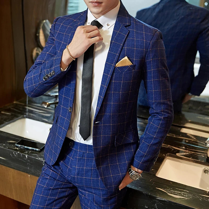 Men's Suit Two-Piece Set – Casual Plaid Single-Breasted Slim Fit for Wedding & Business