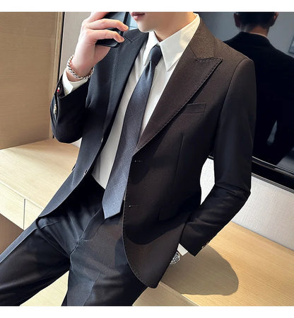 Jacket + Pants 2 Pieces Men's Elegant Fashion Slim Fit Suits Formal Business Wedding Tuxedos Casual Gentleman Solid Dress Suit