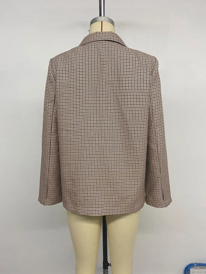 Spring Autumn 2026 Vintage Houndstooth Blazer Women Notched Loose Jacket Coat Women Clothing Female Casual 63997