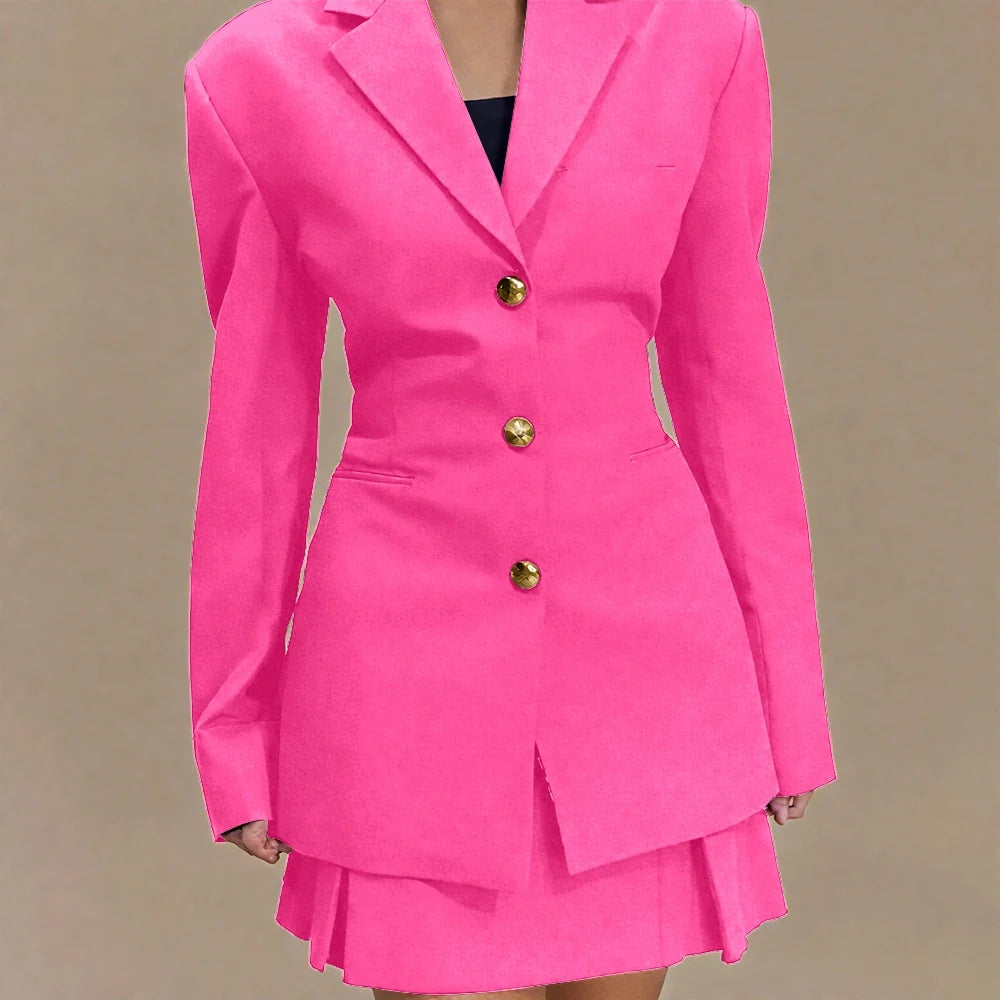 Women's Pleated Skirt Suit Set 2025 2Pieces(Tailored Blazer&High Waist Skirt) Office Chic Single-breasted Notch Lapel Outfit