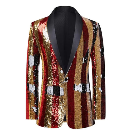 Men's Luxury Sequins Suit Jacket Double Side Stripes Trendy Blazers Banquet Evening Party Singer Host Stage Performance Tuxedo