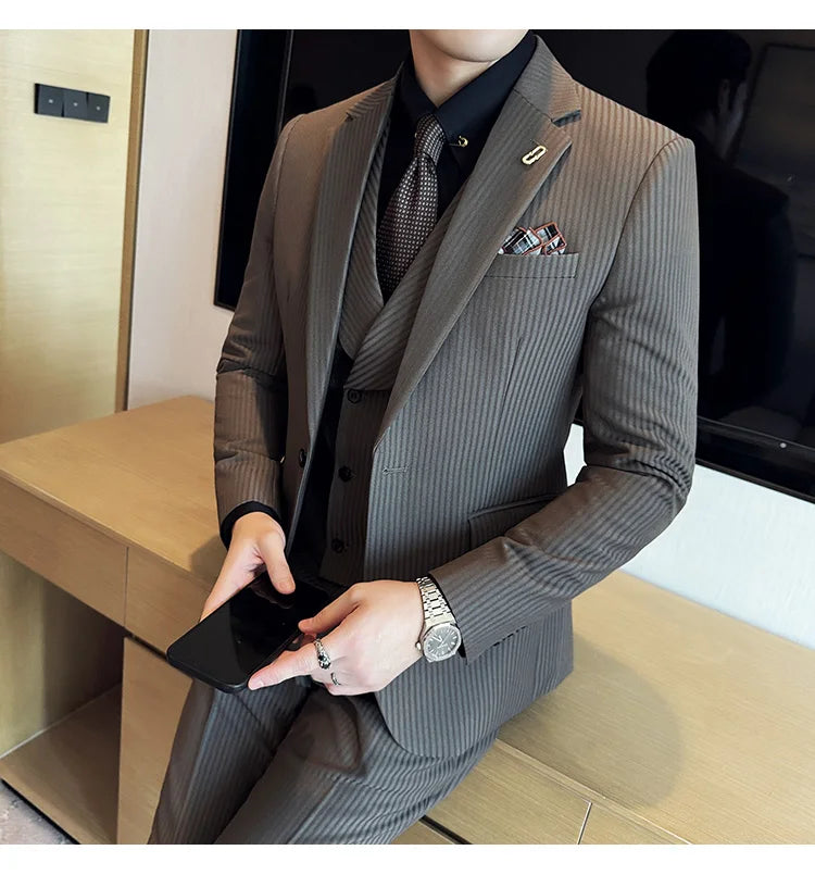 (Jackets+Pants+Vest) Luxury Stripe Men Suit Korean Version Fashion Elegant Slim Fit Tuxedo Formal Groom Wedding Social Suits
