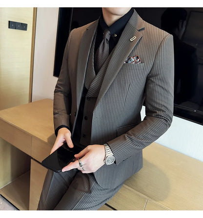 (Jackets+Pants+Vest) Luxury Stripe Men Suit Korean Version Fashion Elegant Slim Fit Tuxedo Formal Groom Wedding Social Suits